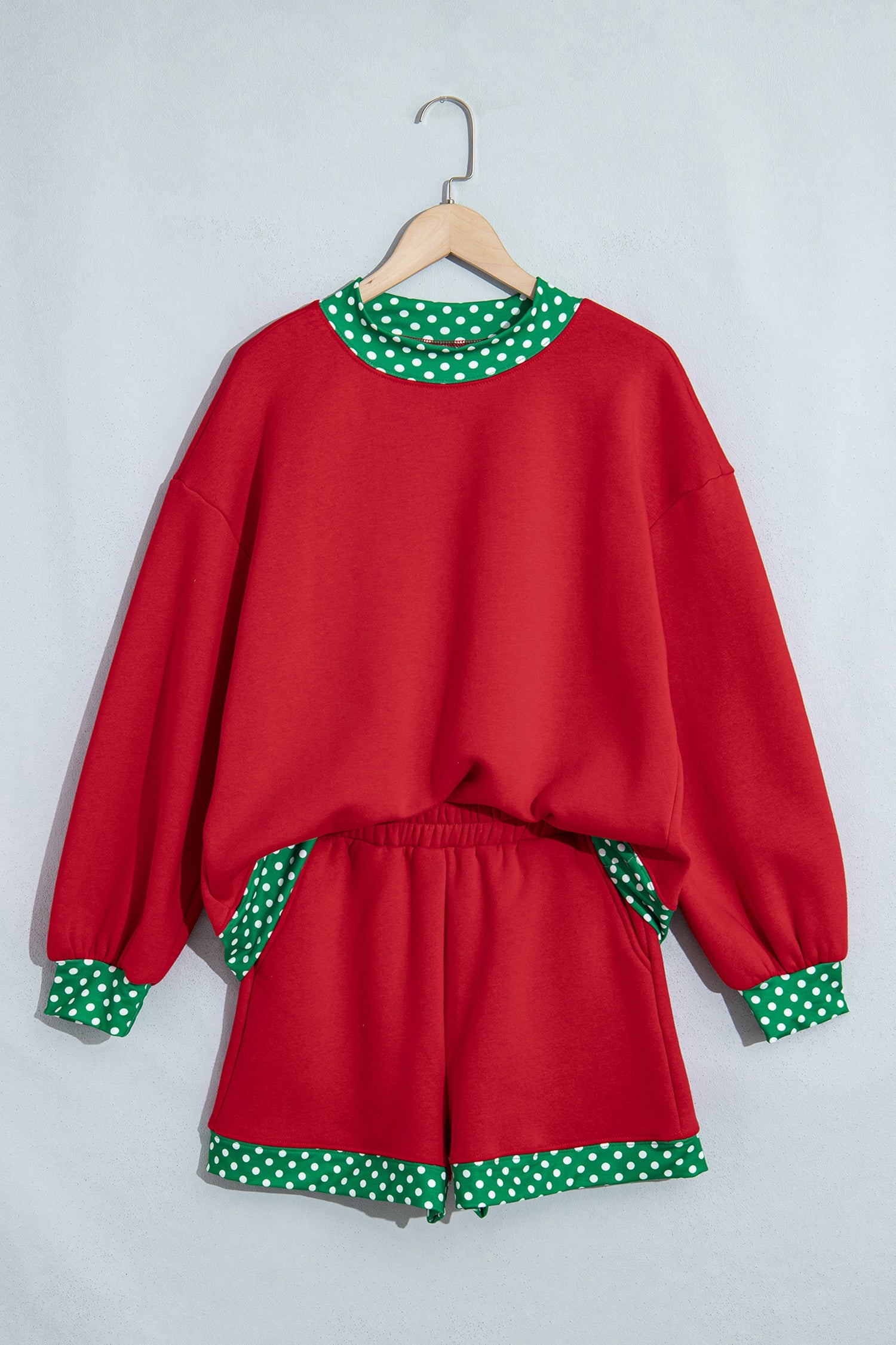 Racing Red Polka Dot Trim Baggy Pullover 2pcs Short Set