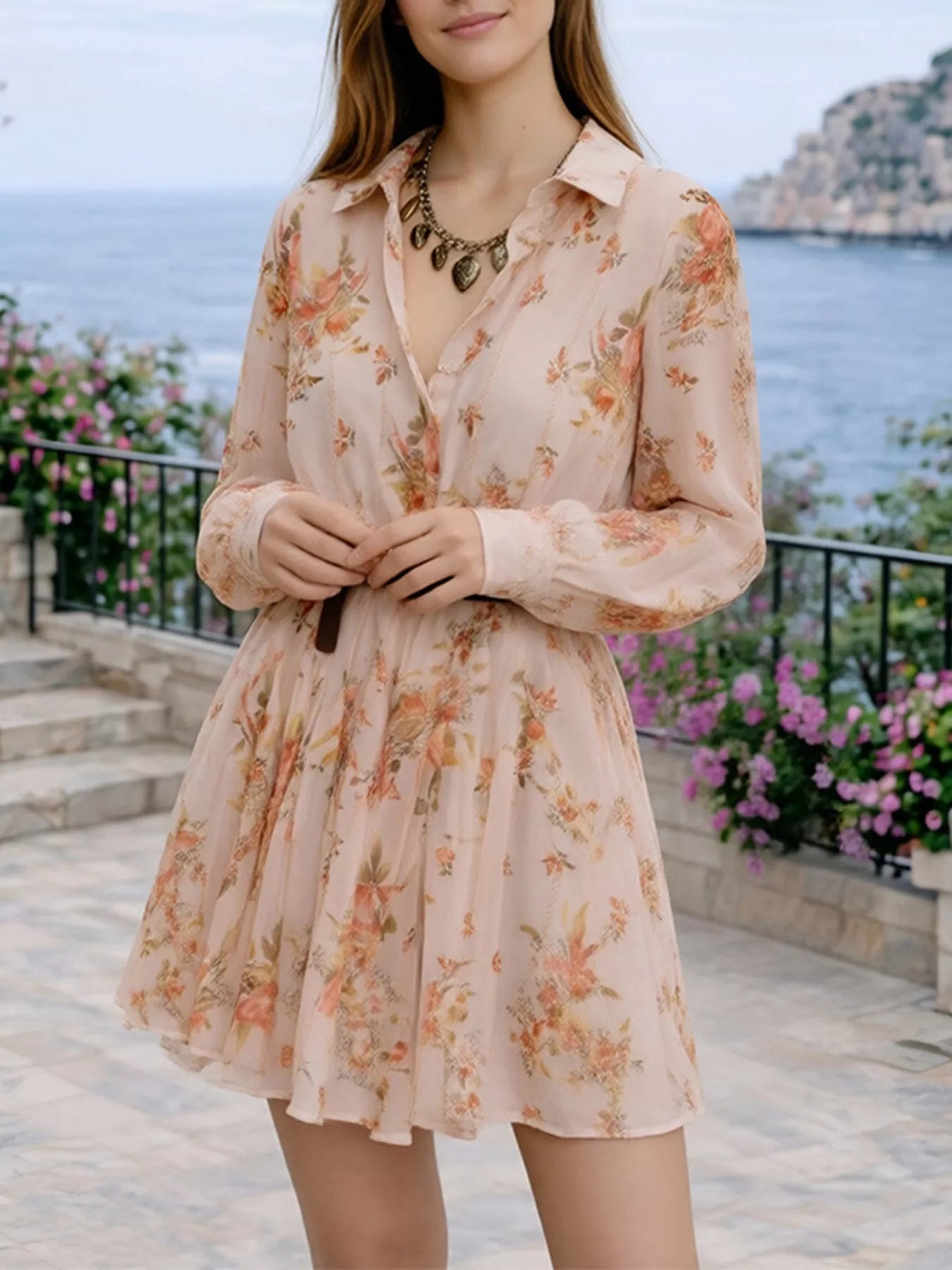 Full Size Floral Print Long Sleeve Shirt Dress Plus Size