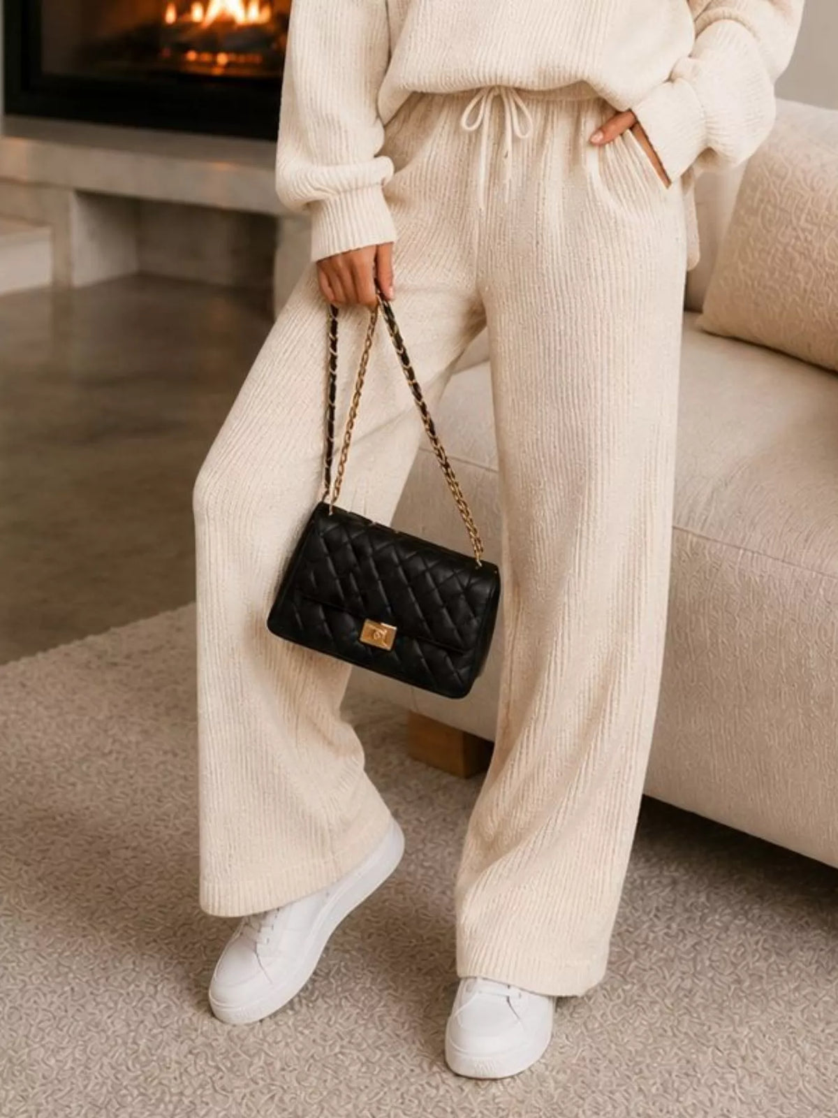 Ribbed Knit Quarter-Zip Top and Wide-Leg Pants Set