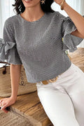 Gingham Bow Half Sleeve Blouse