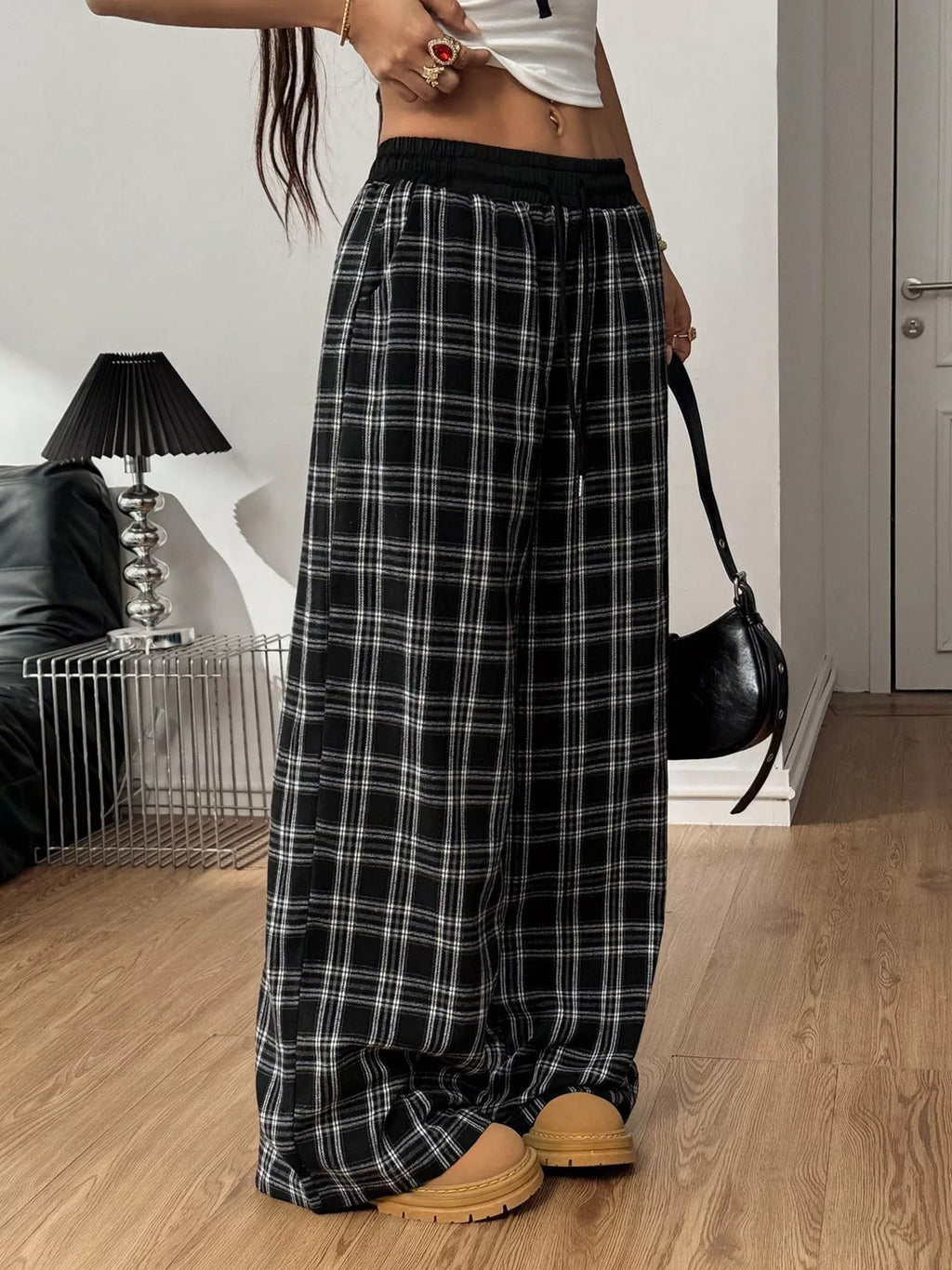 Plaid Wide-Leg Pants with Elastic Waistband