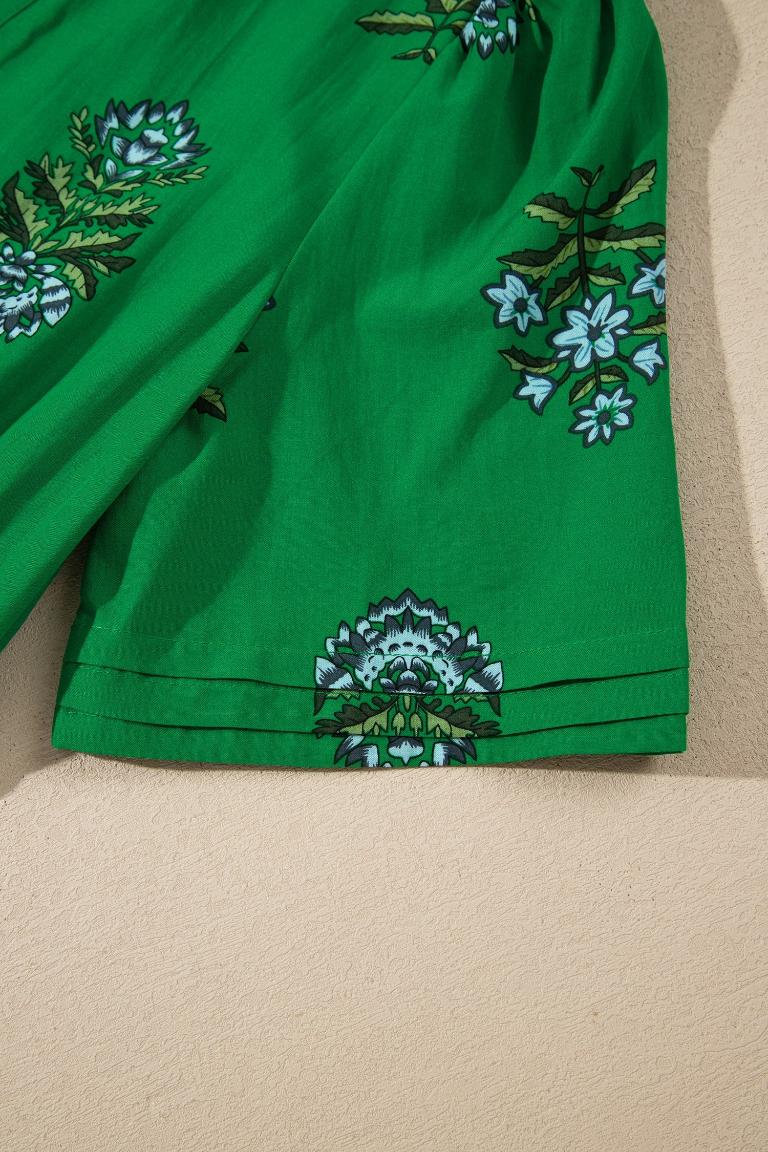 Green Floral Print Split Neck Shirred High Waist Ruffle Hem Maxi Dress