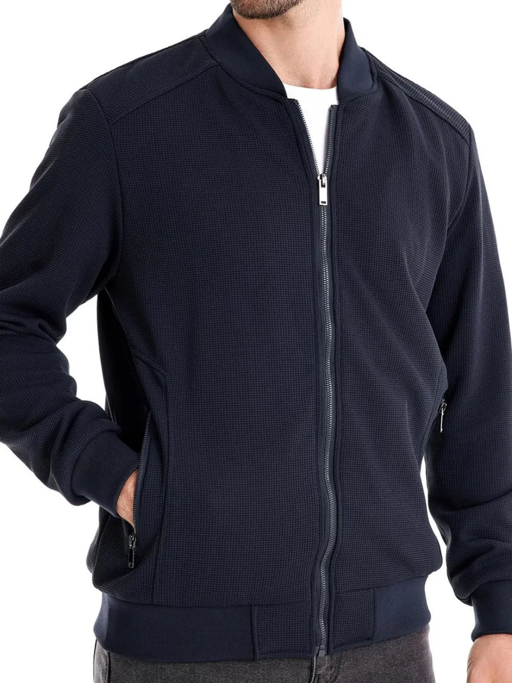 Men's Waffle Knit Baseball Collar Zip Up Jacket