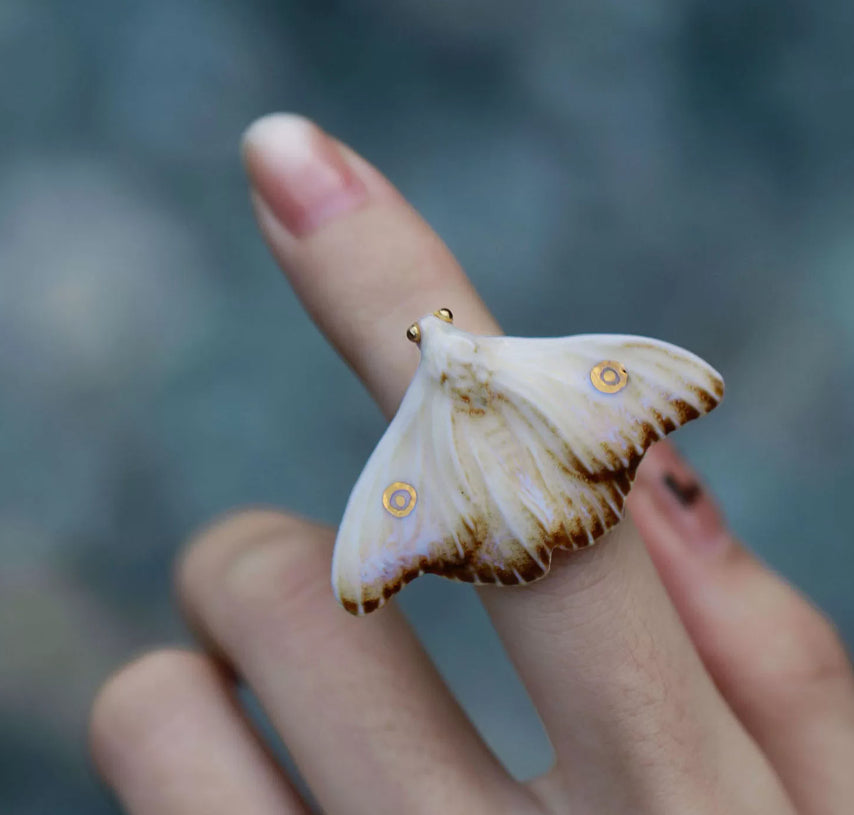 Yellow And Blue Moth Designed Versatile Everyday Artistic Ceramic Ring