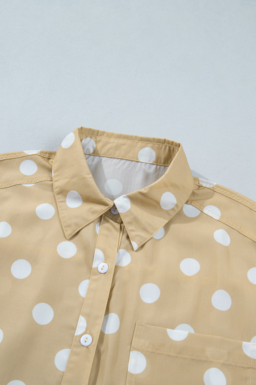 White Polka Dot Print Three Quarter Sleeve Ruffle Hem Casual Shirt