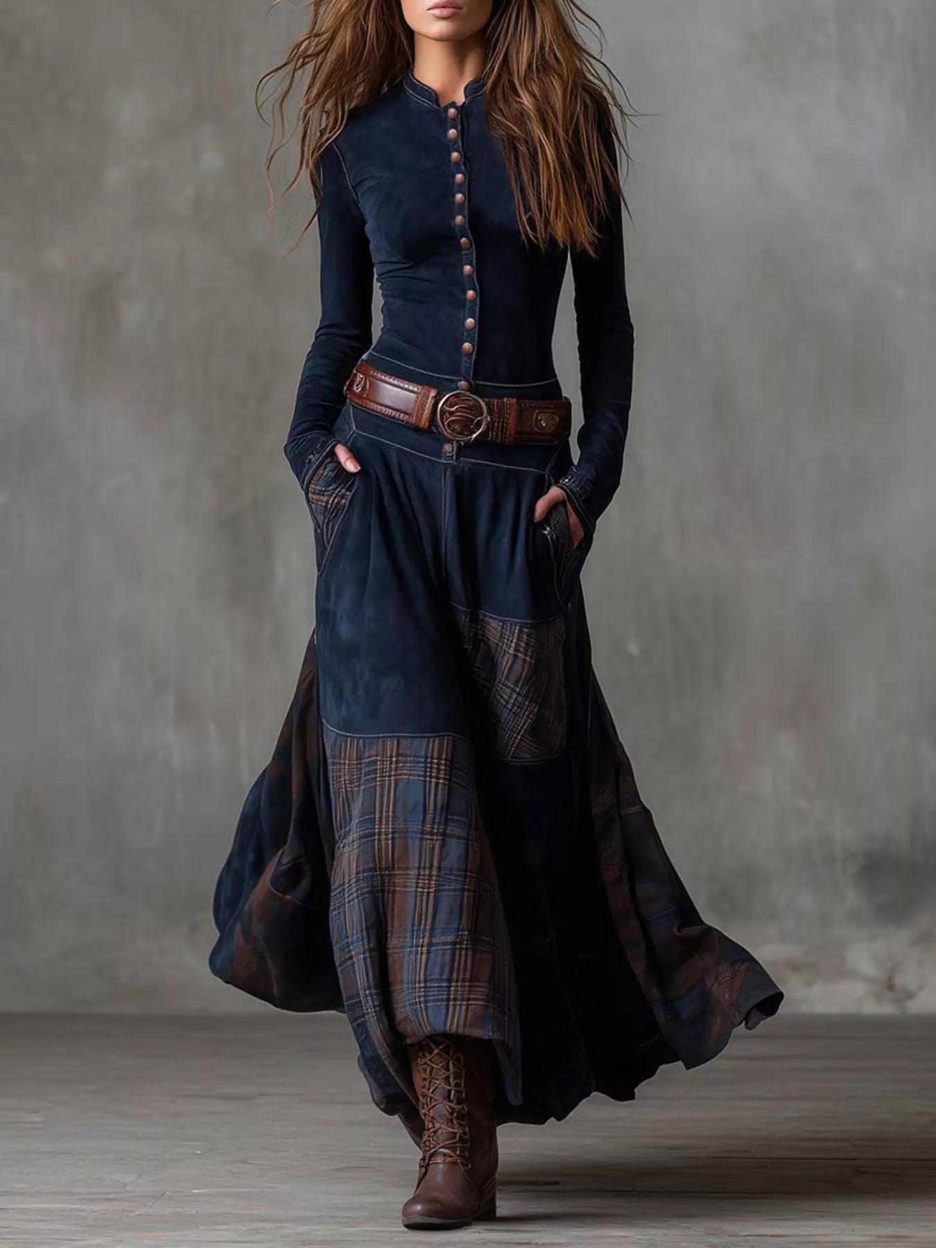 Full Size Button Front Plaid Patchwork Maxi Dress Plus Size
