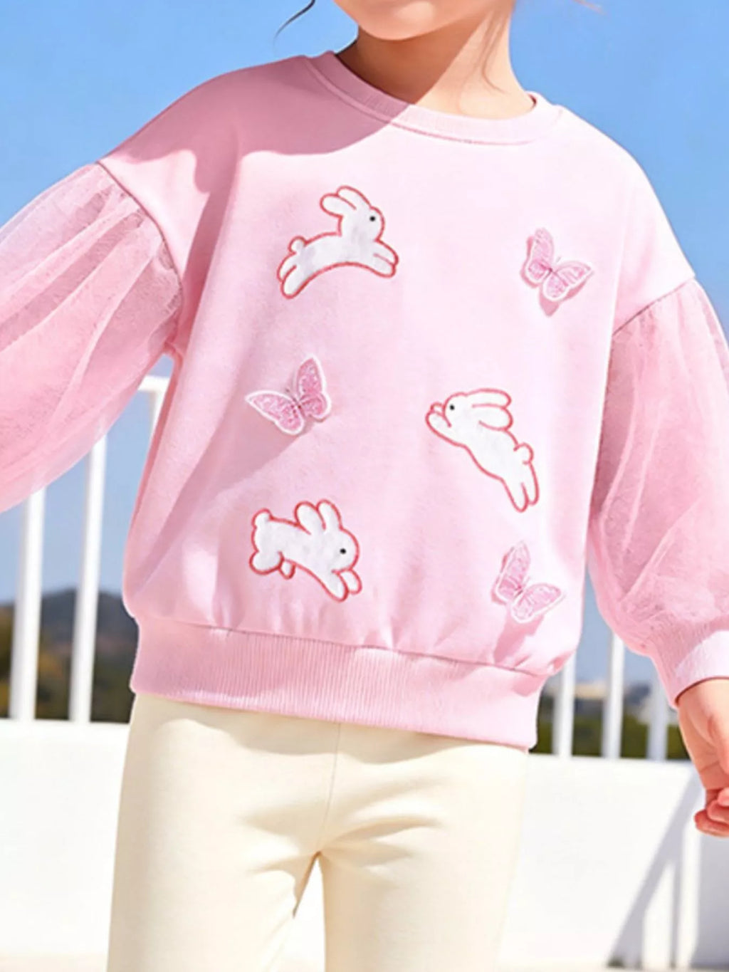 Children's Bunny and Butterfly Mesh Sleeve Sweatshirt and Leggings Set