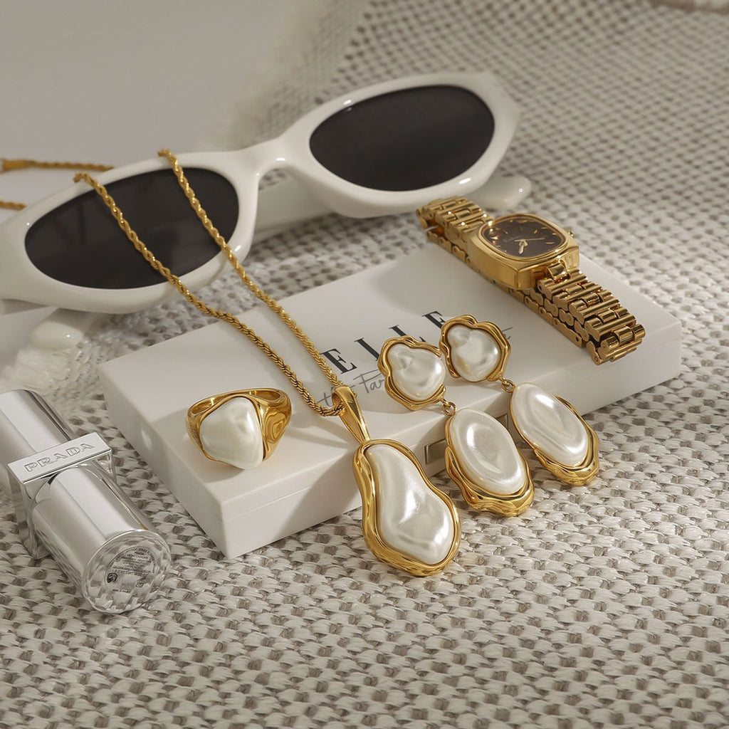 18K gold inlaid irregular pearl design light luxury fashion necklace earrings ring set