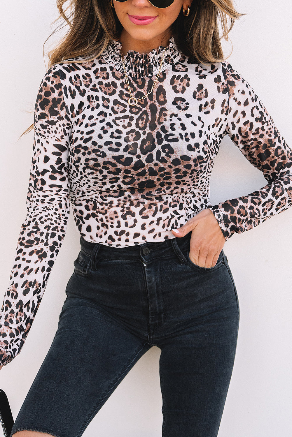 Leopard Mesh Smocked Neck Long Sleeve Bodysuit