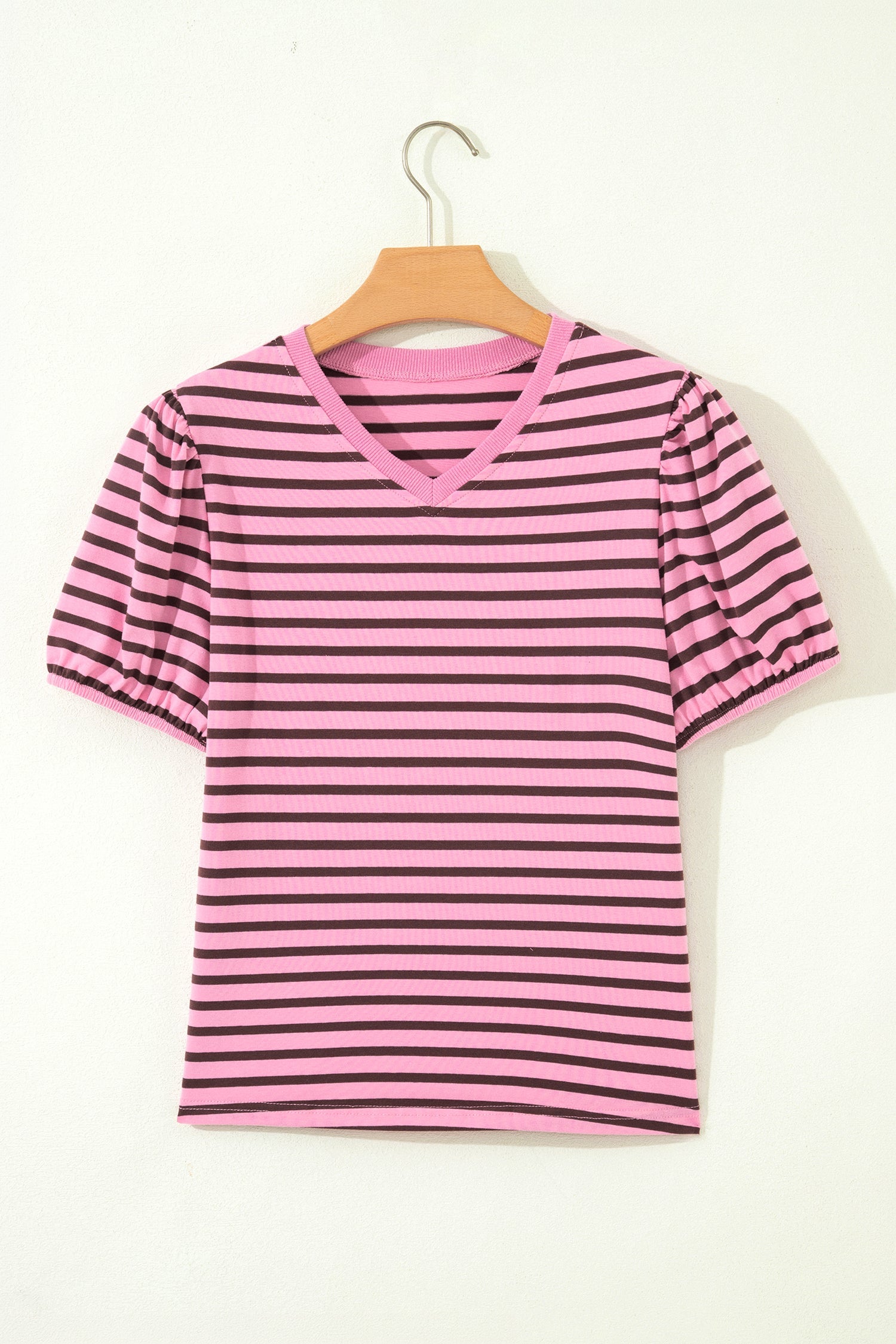 Rose Stripe Striped V-Neck Ribbed Collar Cuff Gathering Puff Sleeve Top
