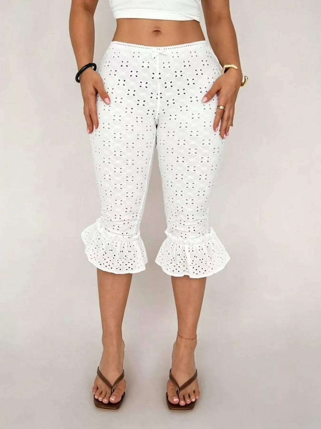 Eyelet Ruffled Cropped Pants
