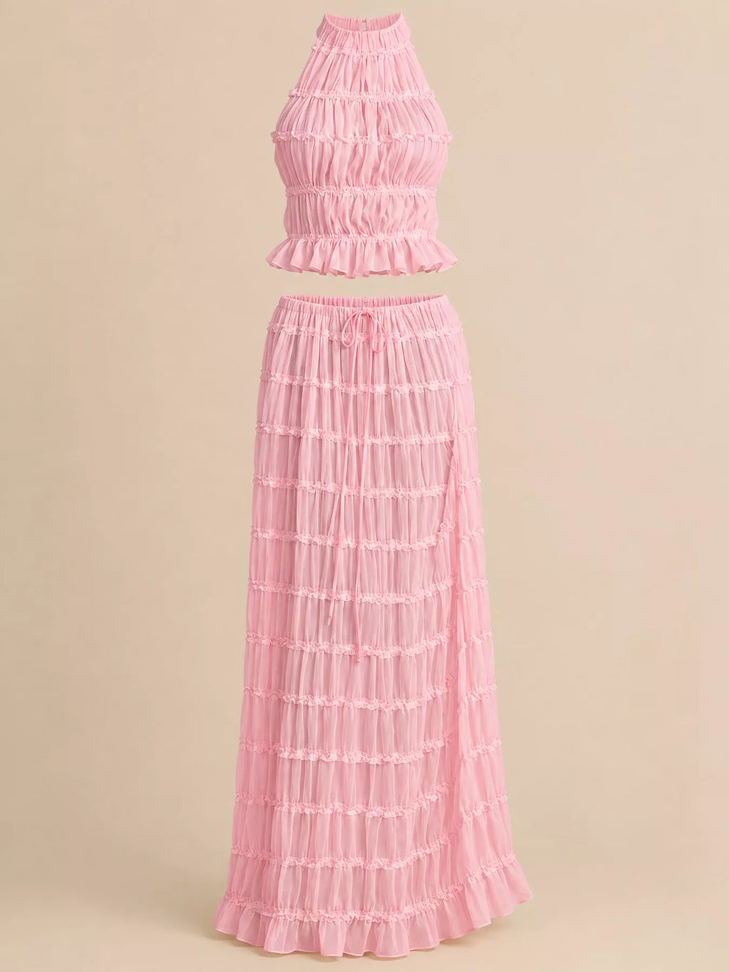 Boho Chic Ruffled Halter Crop Top and Maxi Skirt Set