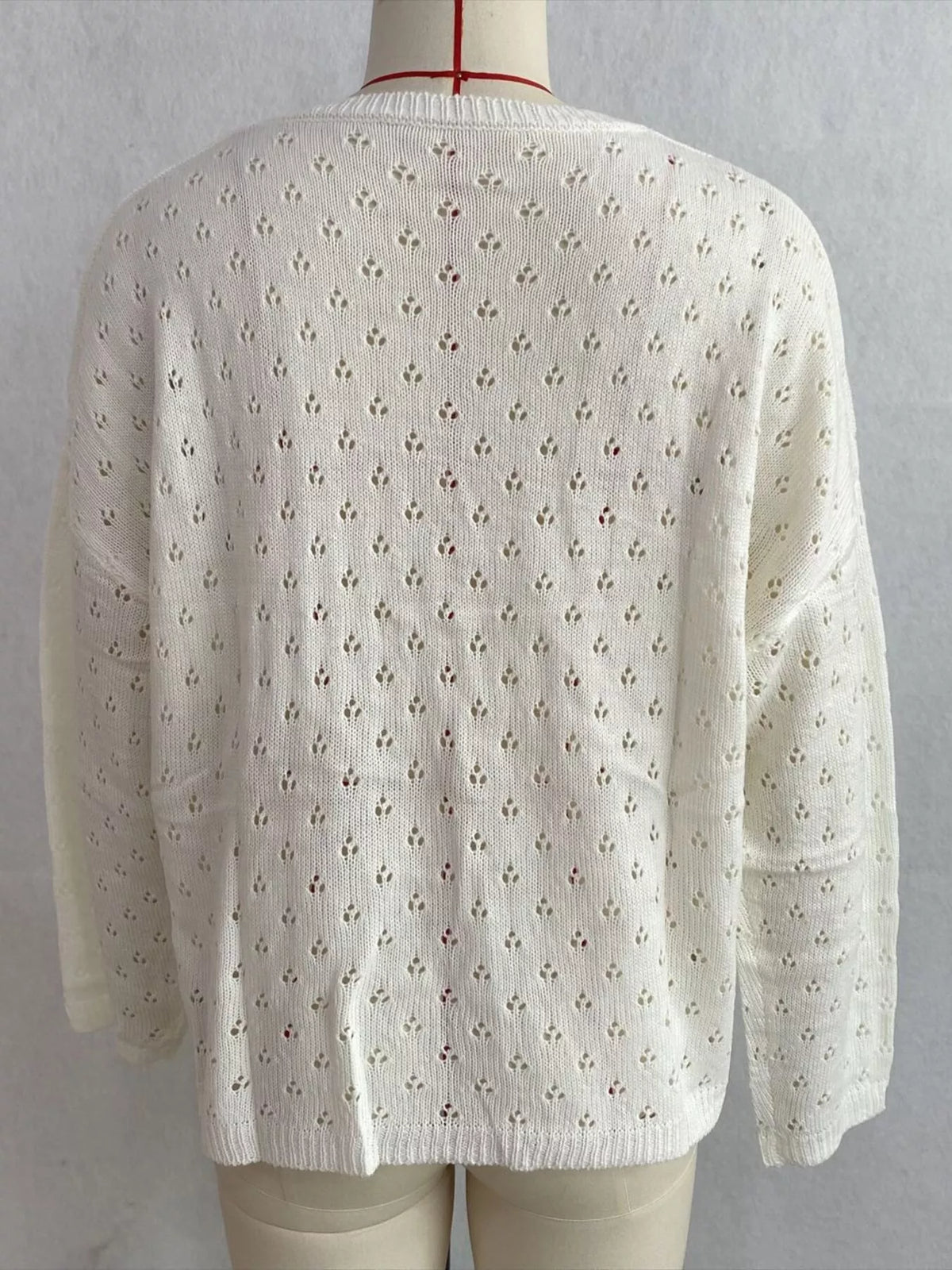 Pointelle Button-Front Round Neck Knit Top