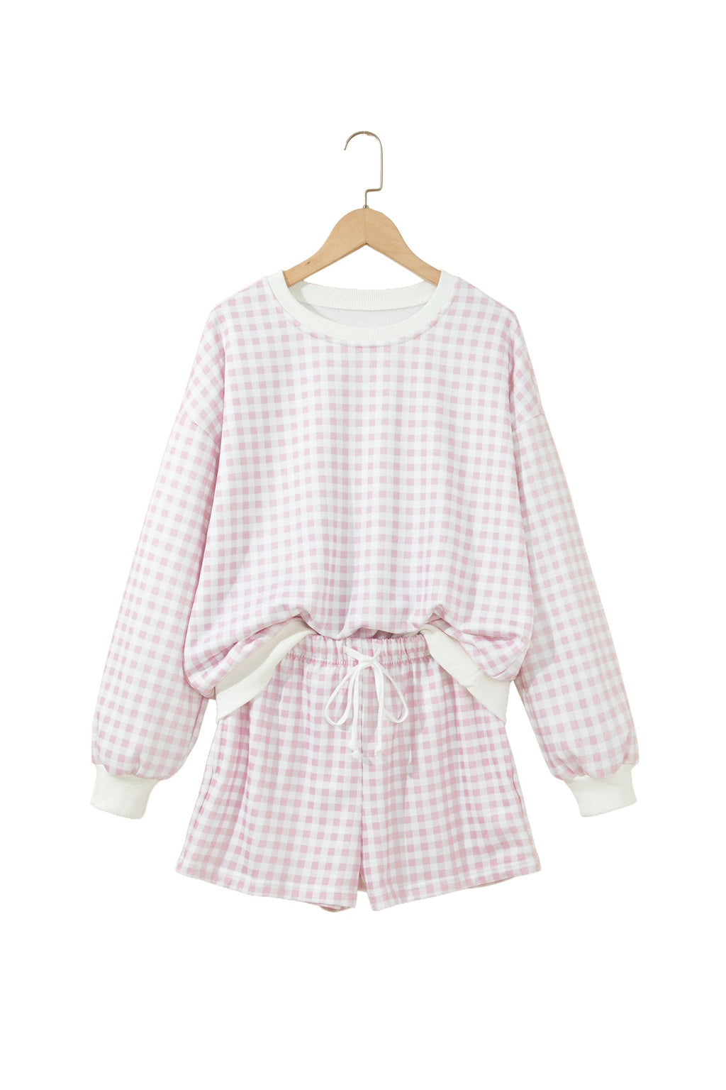 Pink Plaid Baggy Pullover Drawstring Casual Shorts 2pcs Outfit