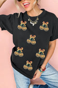 Black Sequin Pumpkin Cherry Graphic Round Neck Casual T Shirt