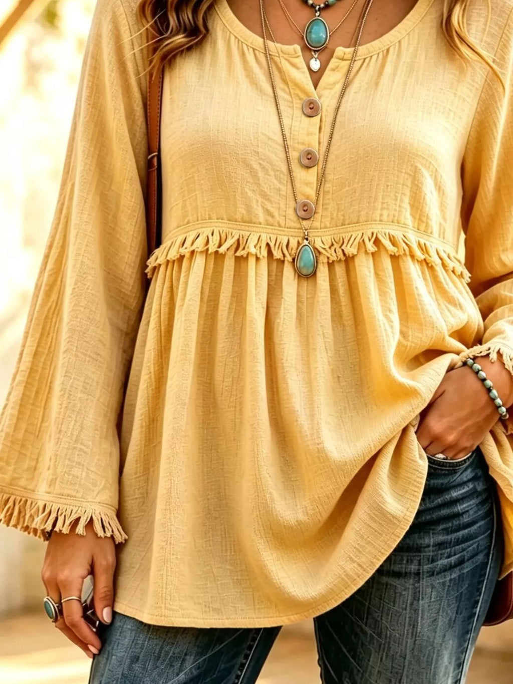 Button-Down Detail Fringed Hem Blouse