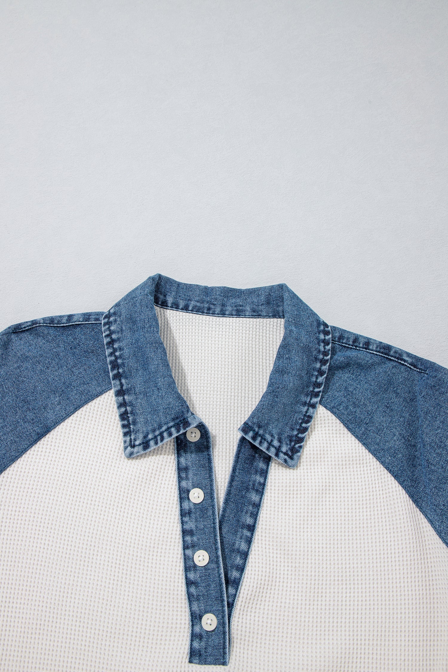 White Textured Color Block Denim Patchwork Polo Collar Tee