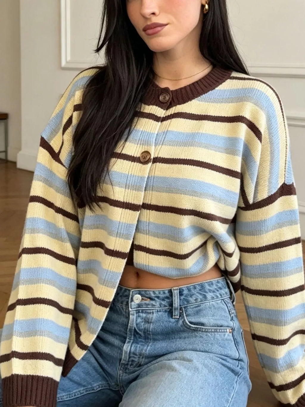 Striped Crew Neck Button-Down Cardigan