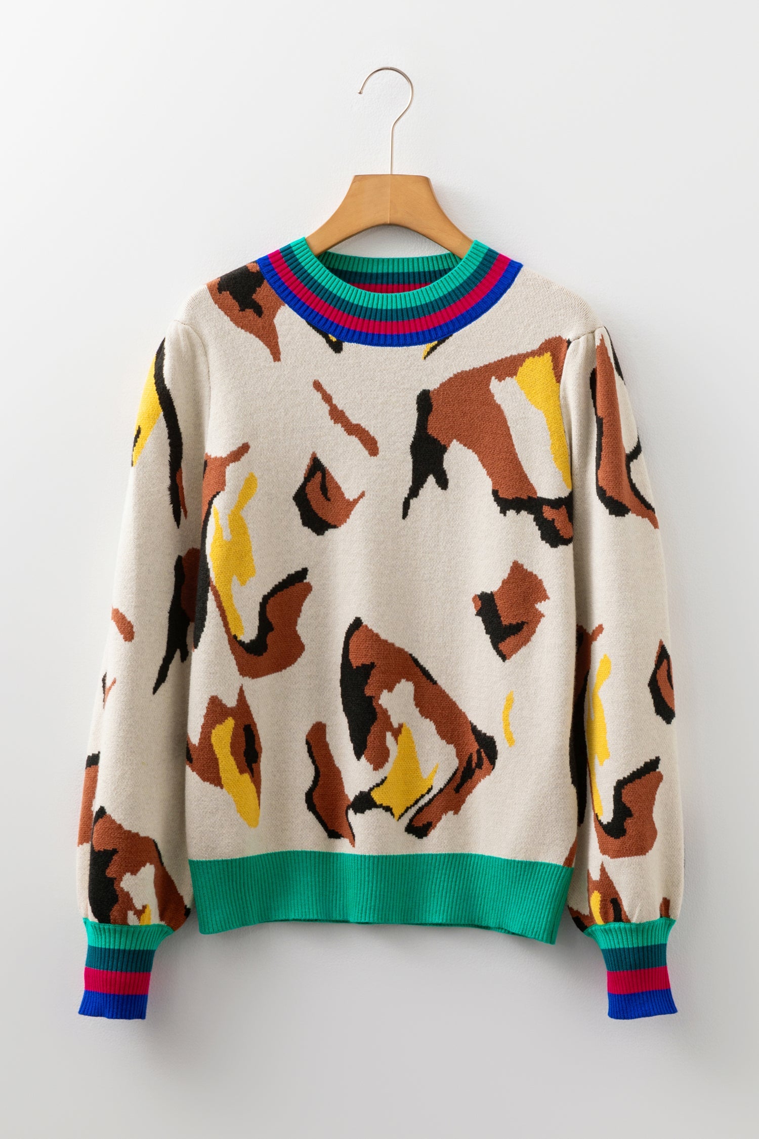 Apricot Contrast Ribbed Stripes Detail Animal Pattern Knit Sweater