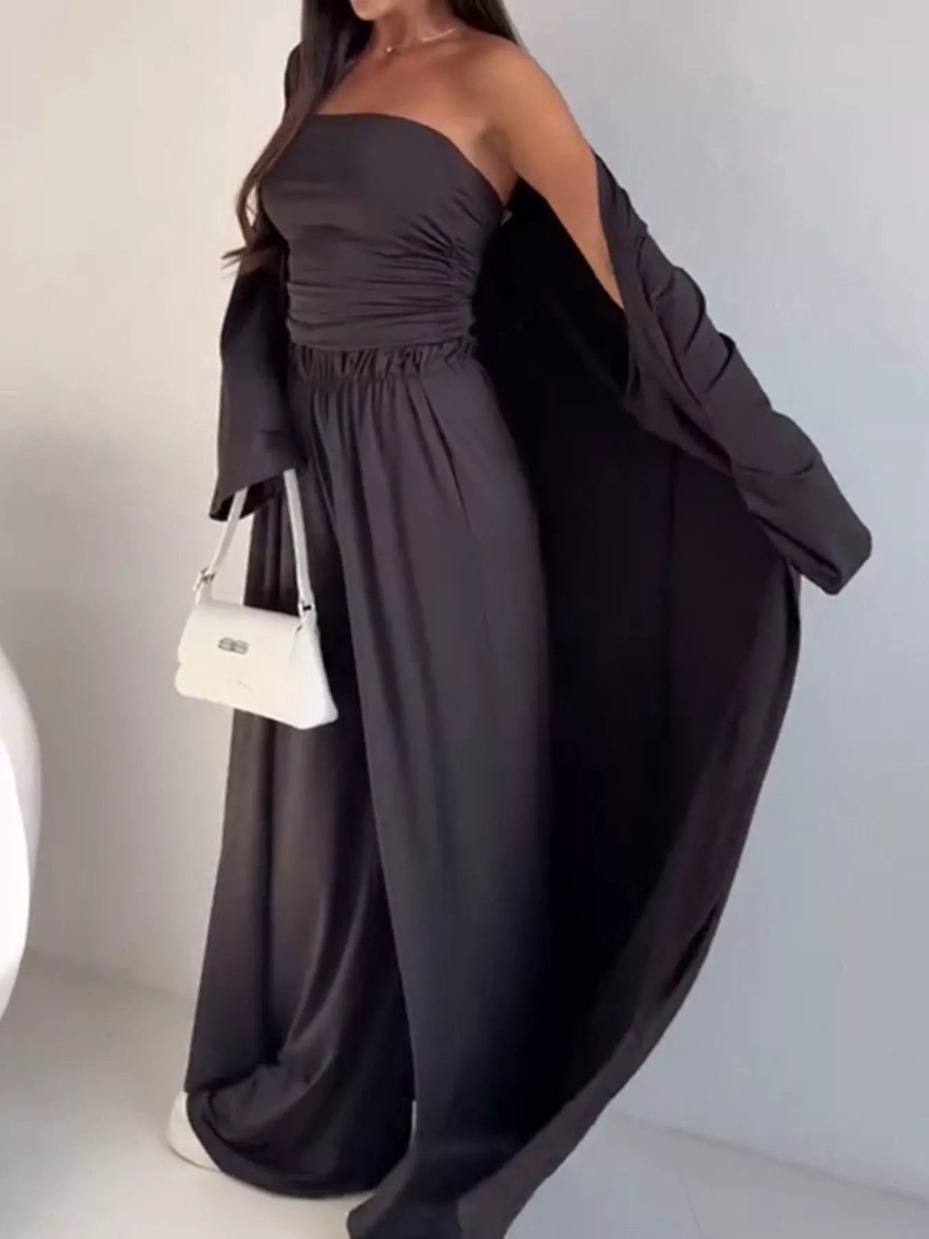 Chic Strapless Ruched Crop Top and Wide-Leg Pants with Cardigan 3-Piece Set