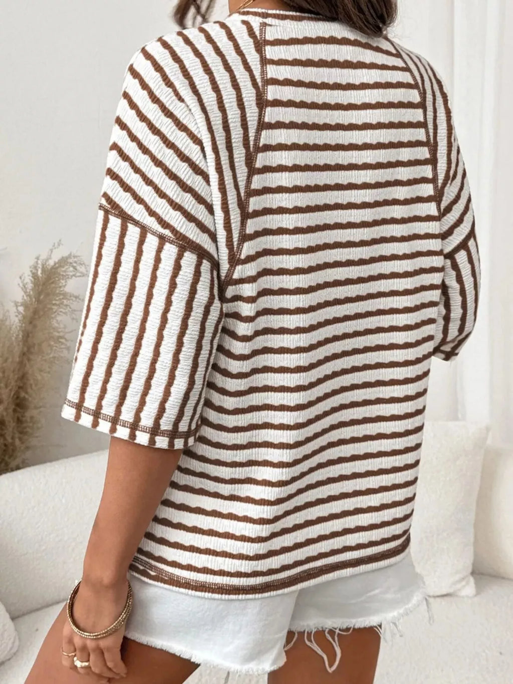Casual Striped Raglan Sleeve Textured T-Shirt