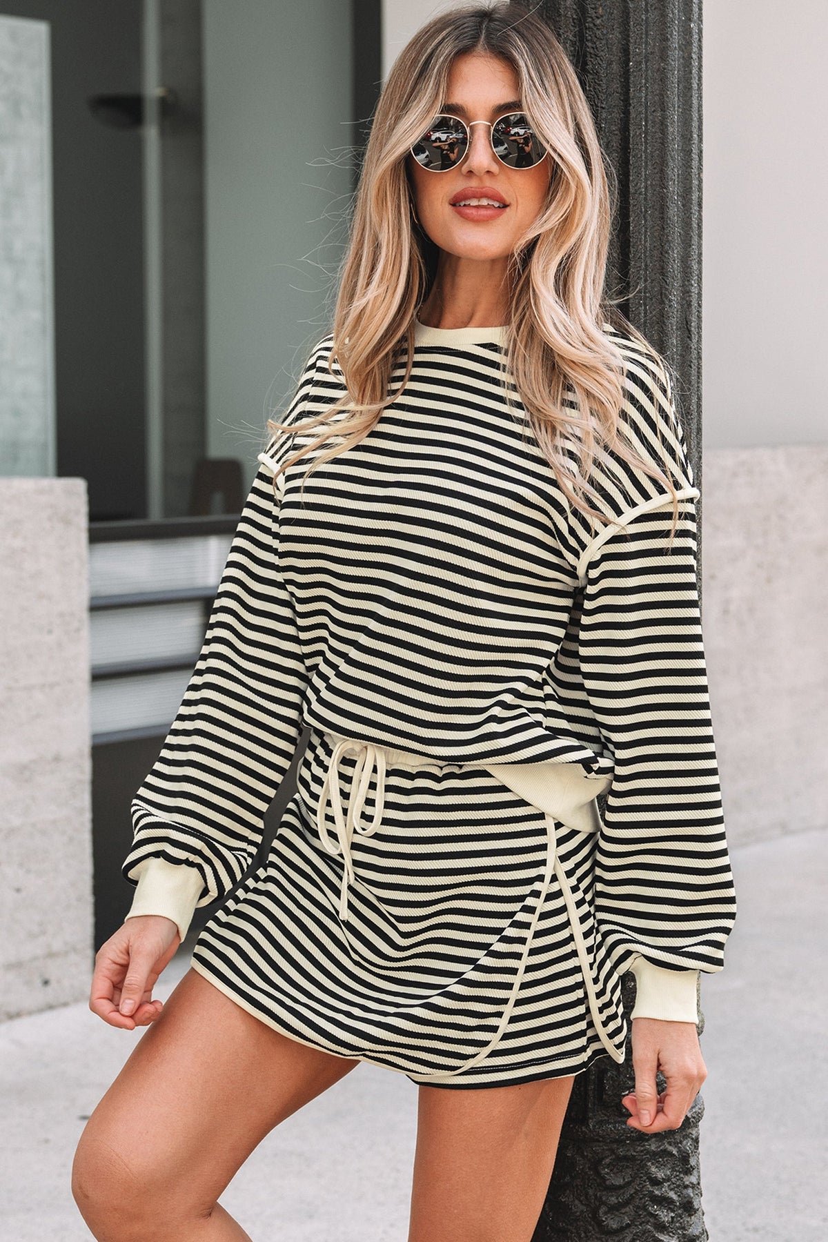 Stripe Textured Pullover Top and Mini Skirt Set
