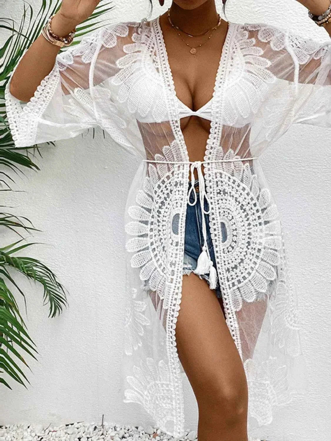 Lace Open Front Longline Kimono Cover-Up