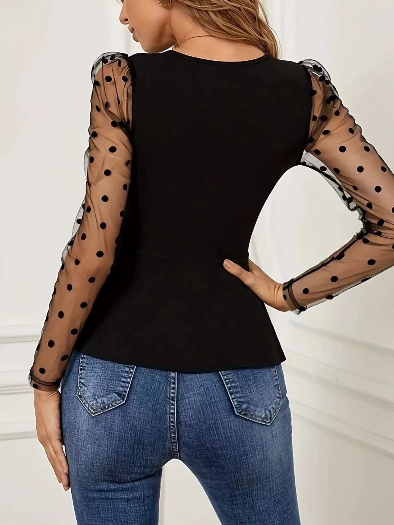 Polka Dot Mesh Sleeve Wrap Top