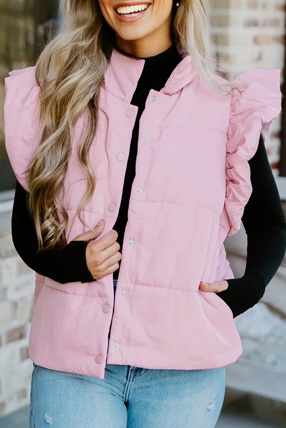 Solid Flutter Sleeve Snap Button Puffer Vest