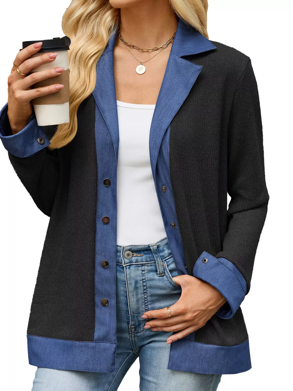 Contrast Denim Lapel Collar Outerwear