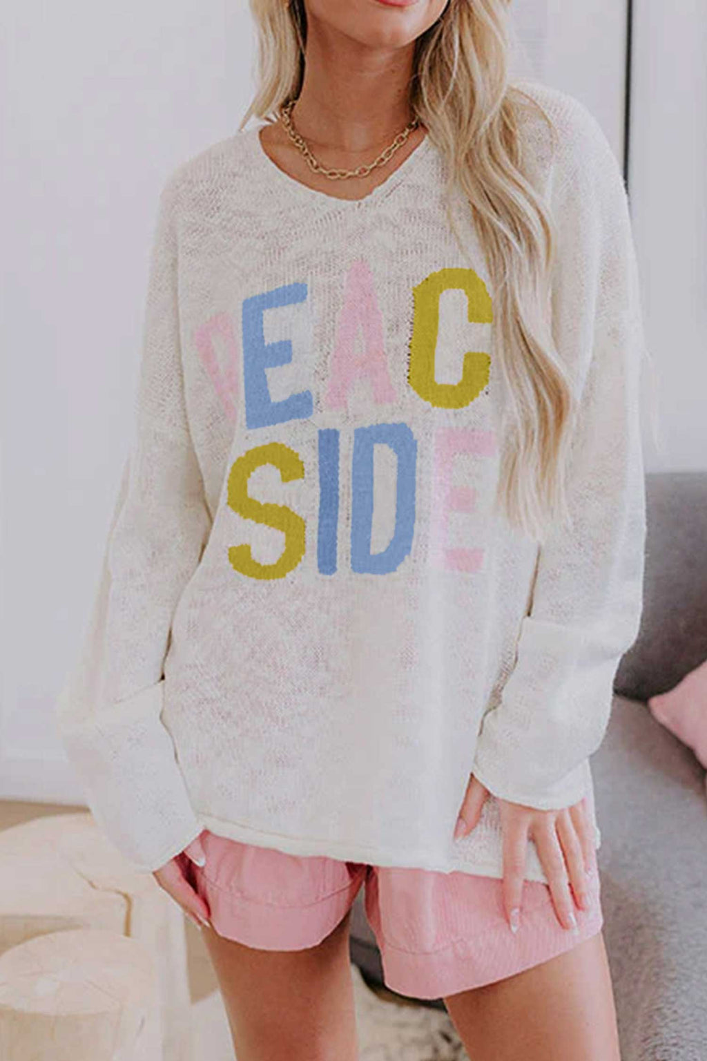White V Neck Lightweight Knit BEACH SIDE Shift Tunic Sweater