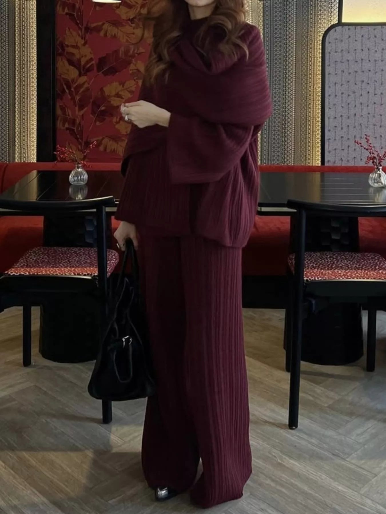 3-Piece Crew Neck Ribbed Sweater and Wide-Leg Pants Set with Scarf