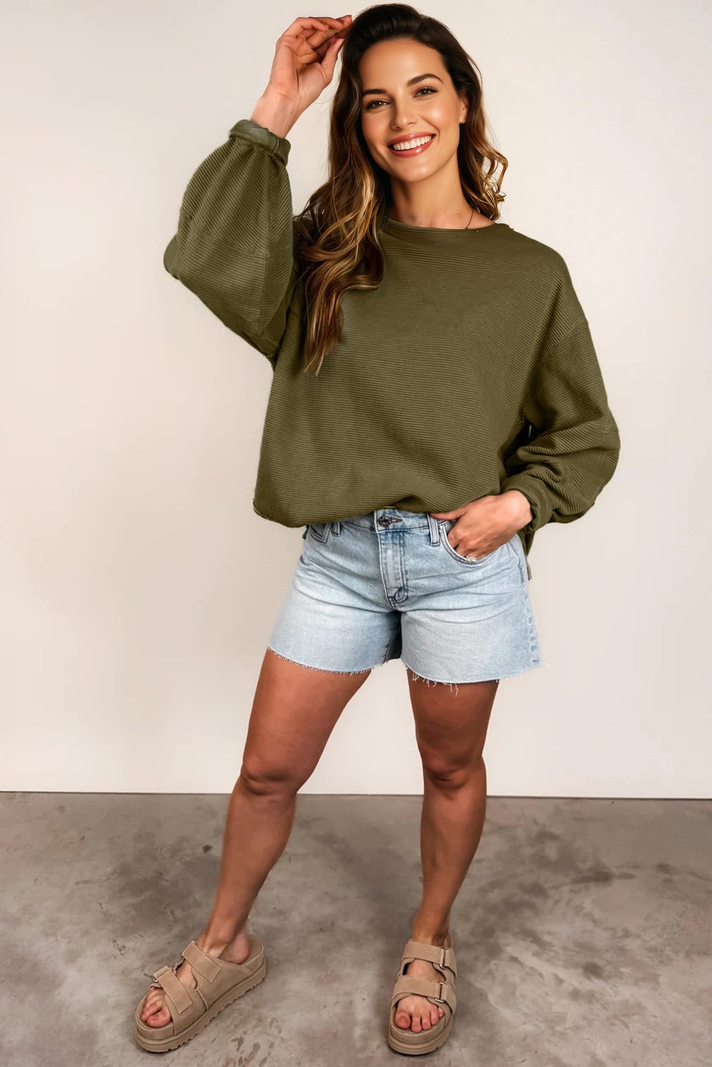 Seagrass Horizontal Ribbed Exposed Seam Patchwork Sleeve Loose Top