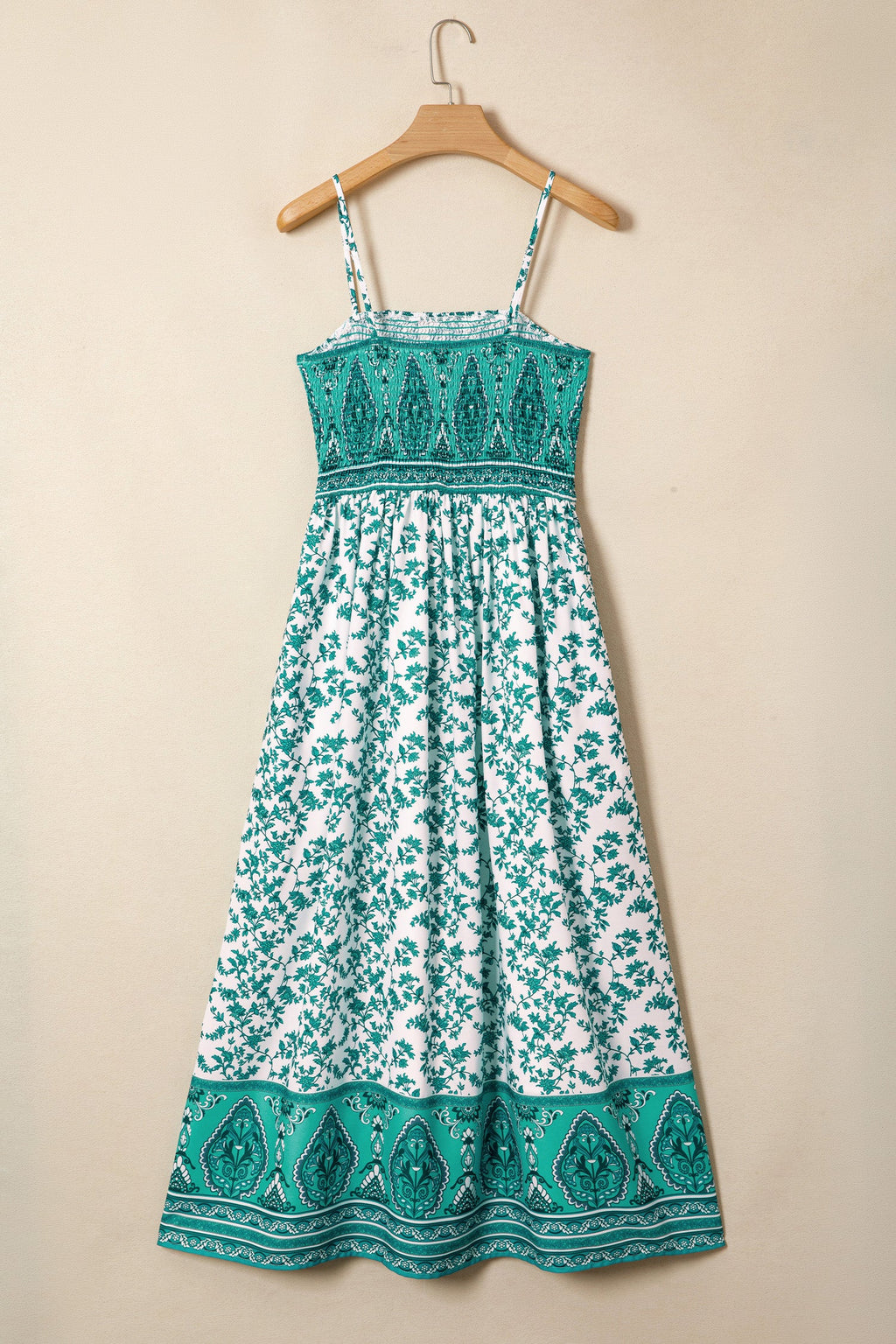 Green Boho Floral Print Shirred Cami Maxi Dress