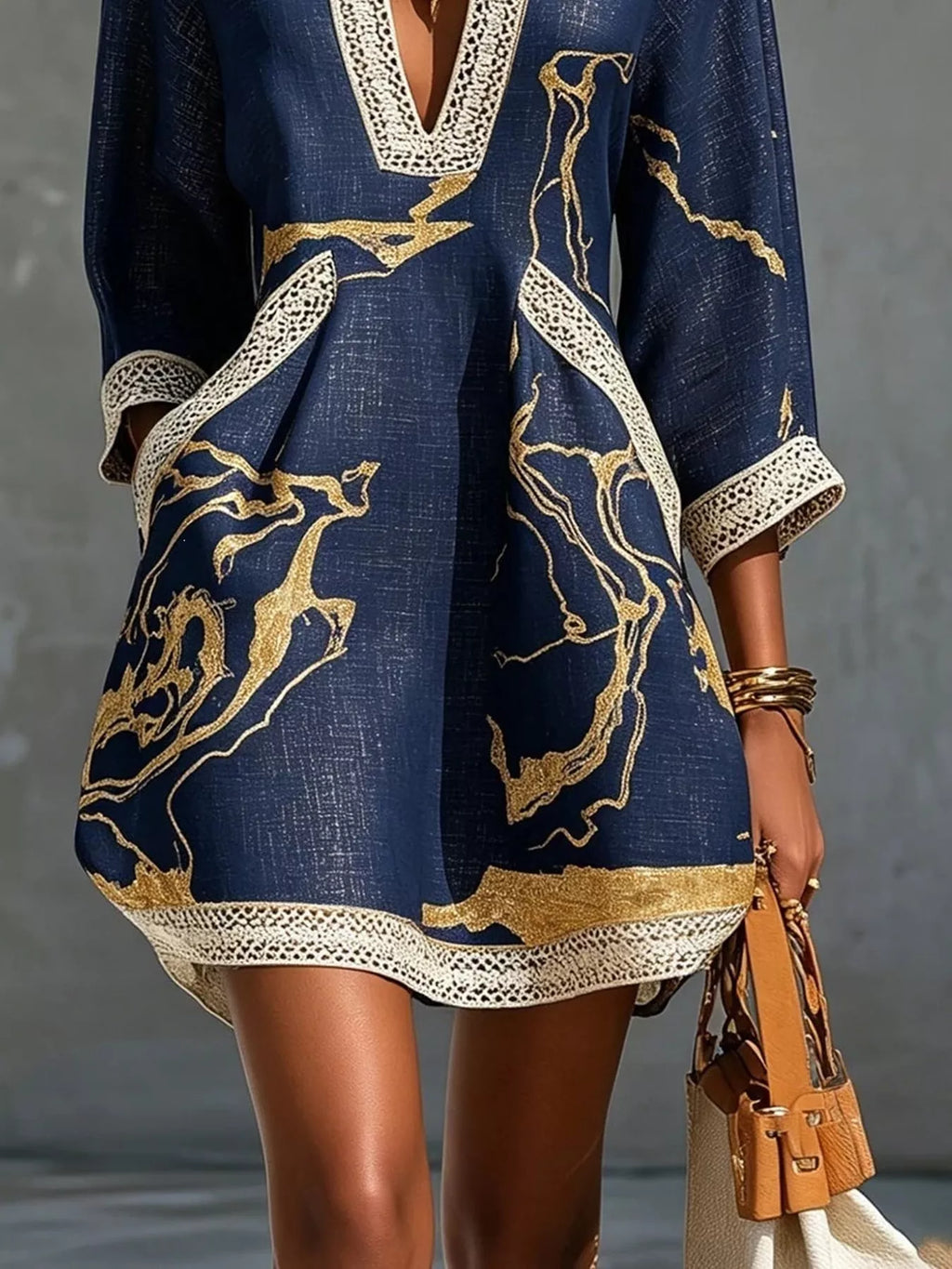 Notched 3/4 Sleeve Mini Dress