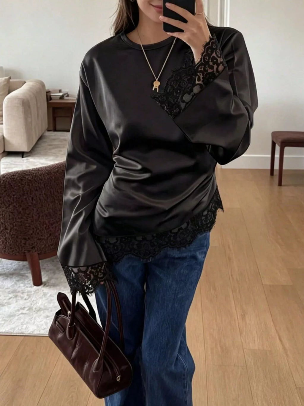Satin Lace Trim Flare Sleeve Blouse