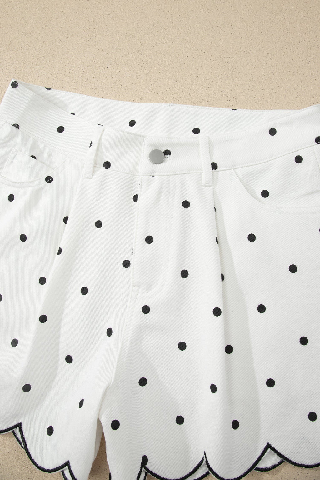 White Polka Dot Print Embroidered Scallop Hem Shorts