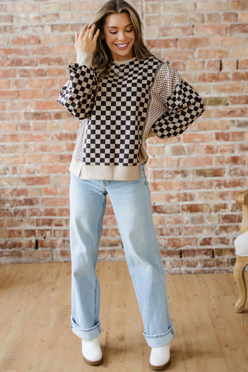 Khaki Mixed Checkered Pattern Patchwork High Low Casual Top
