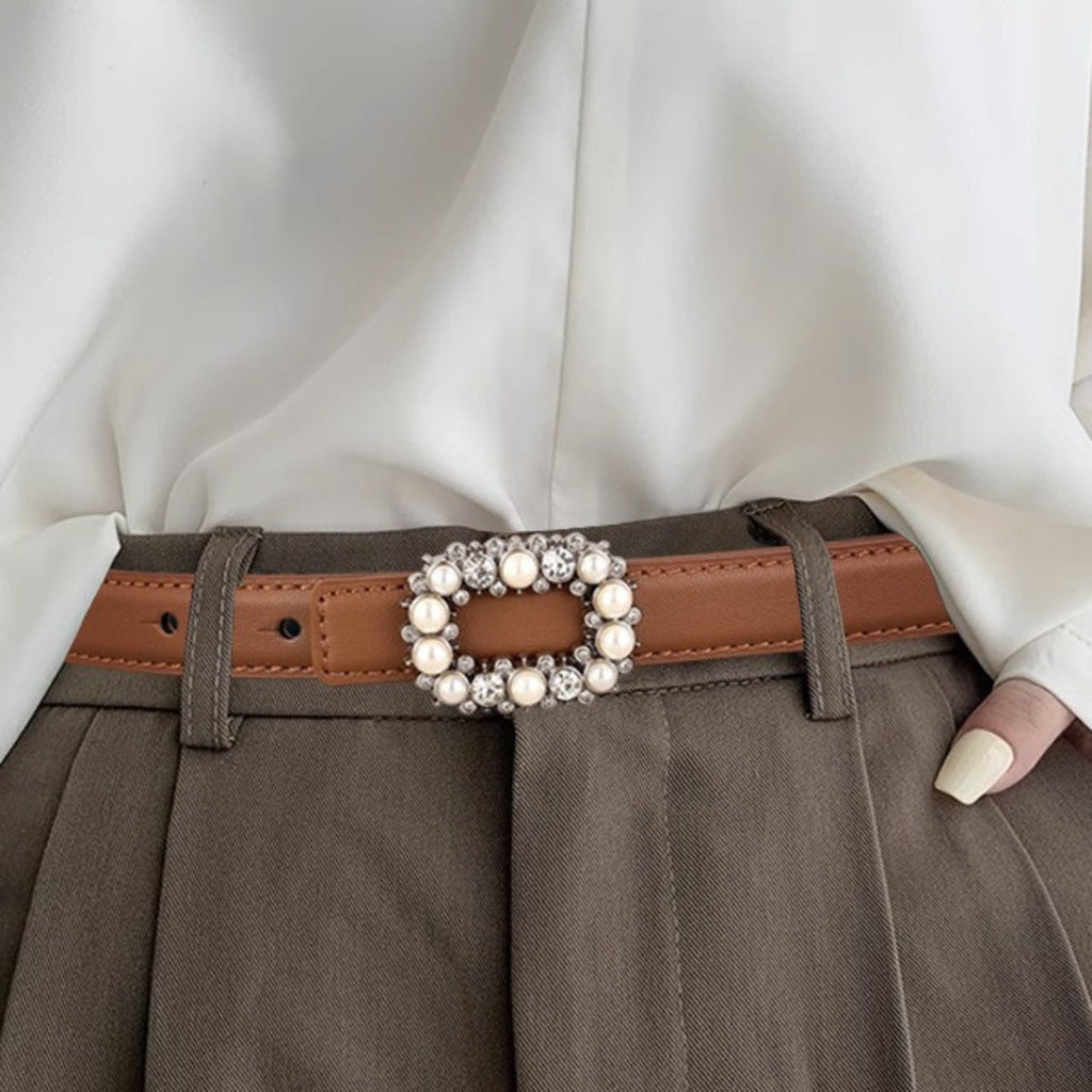 Pearl Buckle Leather Belt