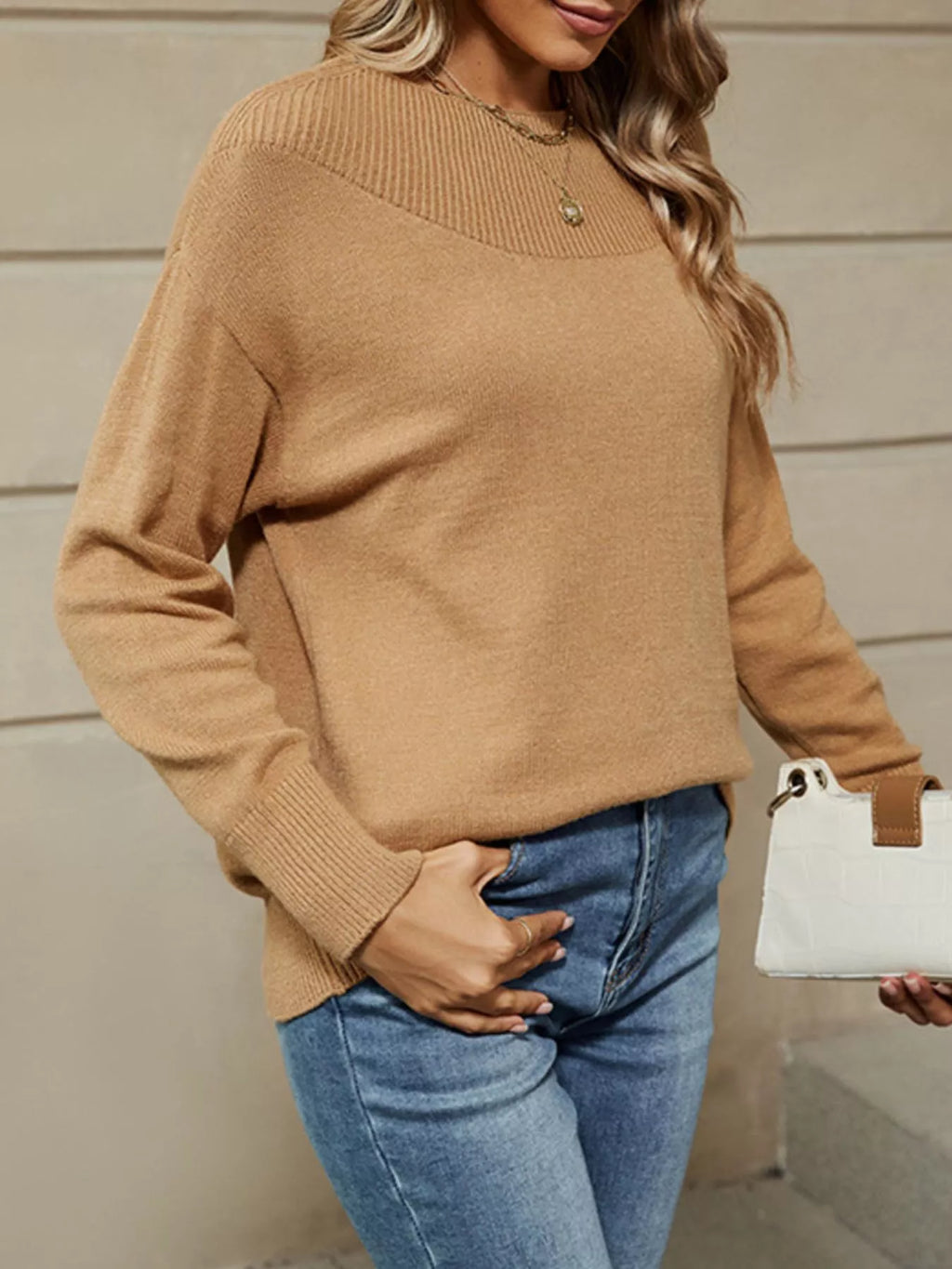 Ribbed Knit Dropped Shoulder Sweater