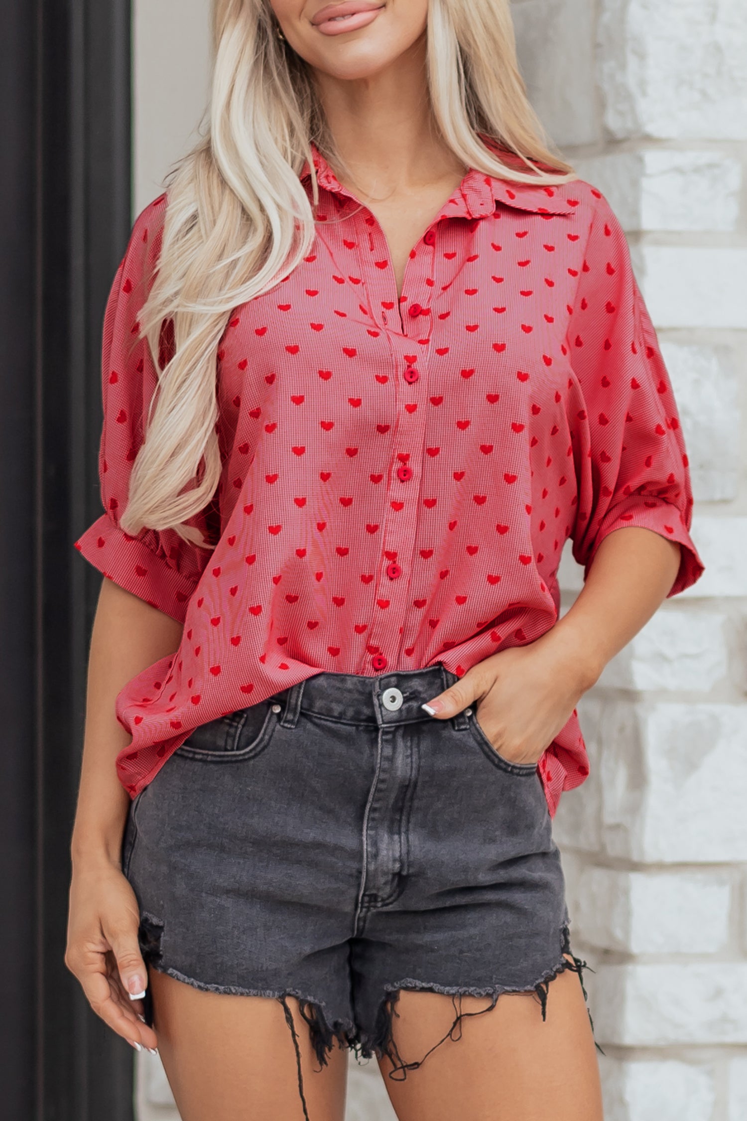 Red Heart Shape Print Half Sleeve Loose Valentine Shirt