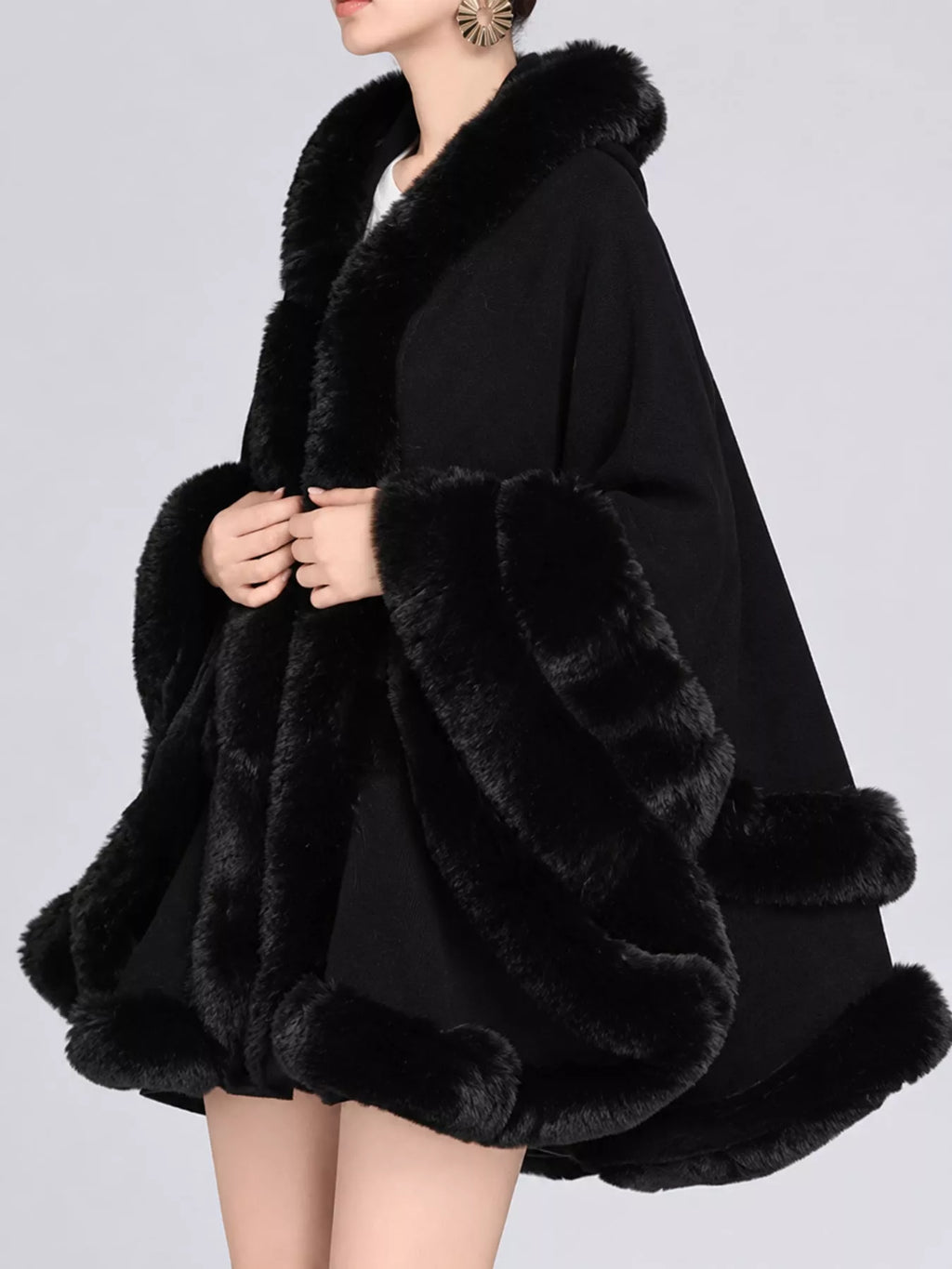 Faux Fur Trimmed Hooded Cape