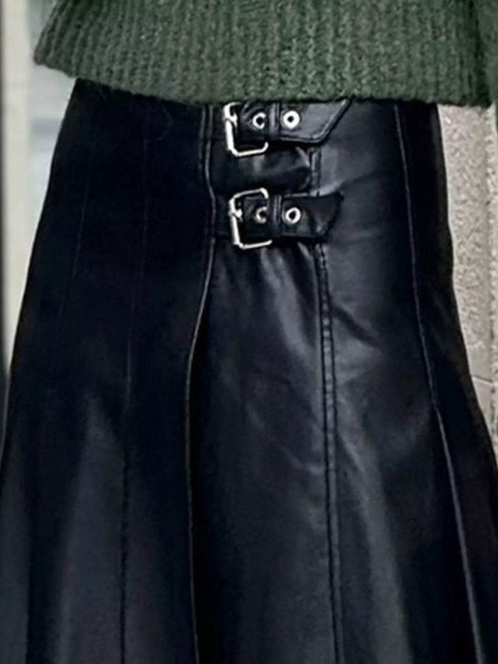Buckle Detail Faux Leather Midi Skirt