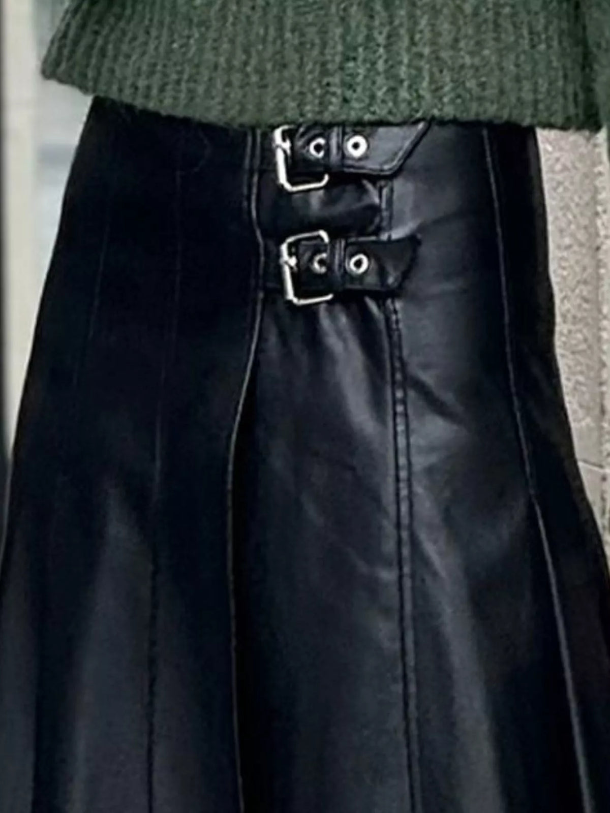 Buckle Detail Faux Leather Midi Skirt