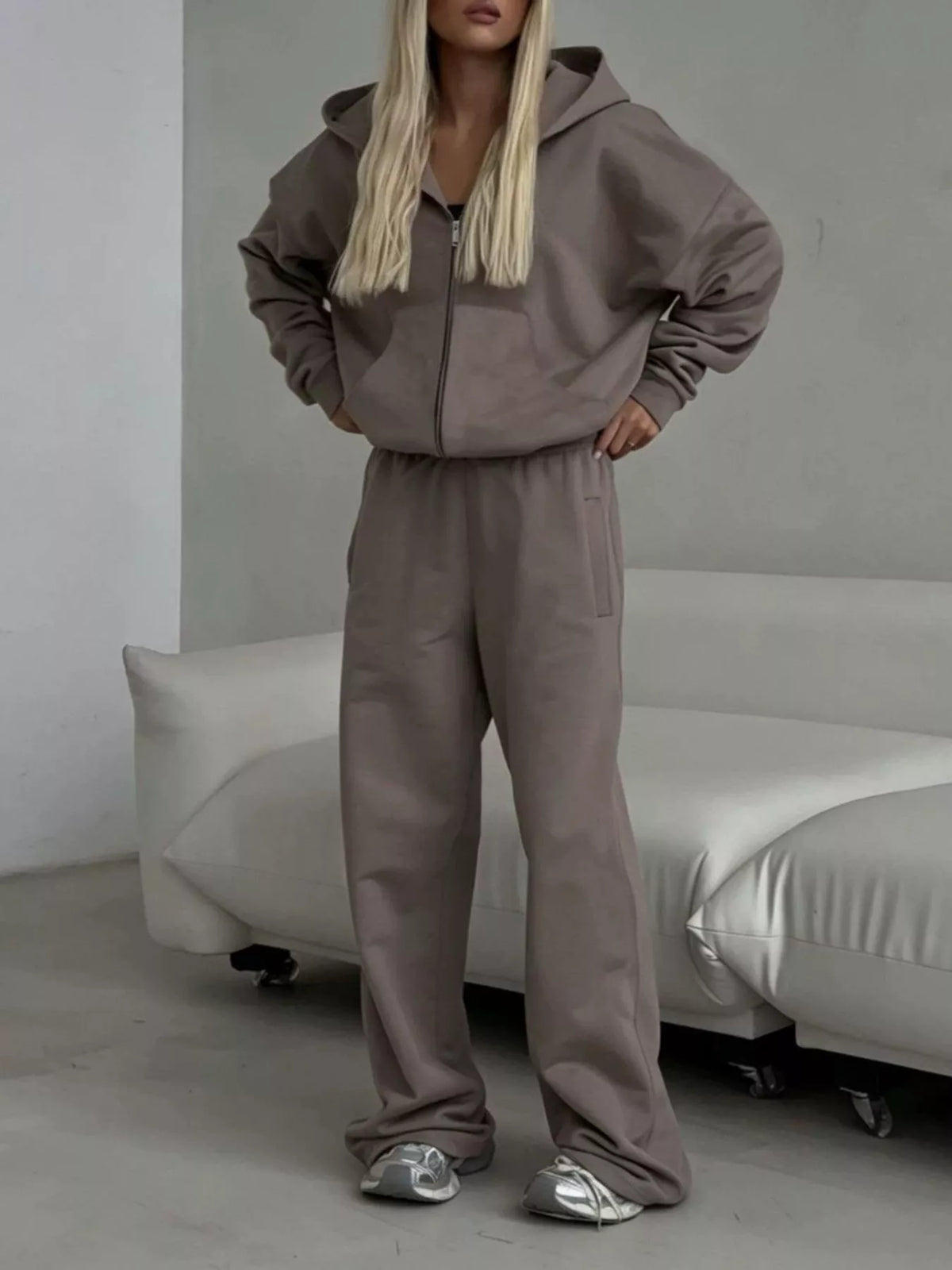 Casual Zip-Up Hoodie and Wide-Leg Sweatpants Set