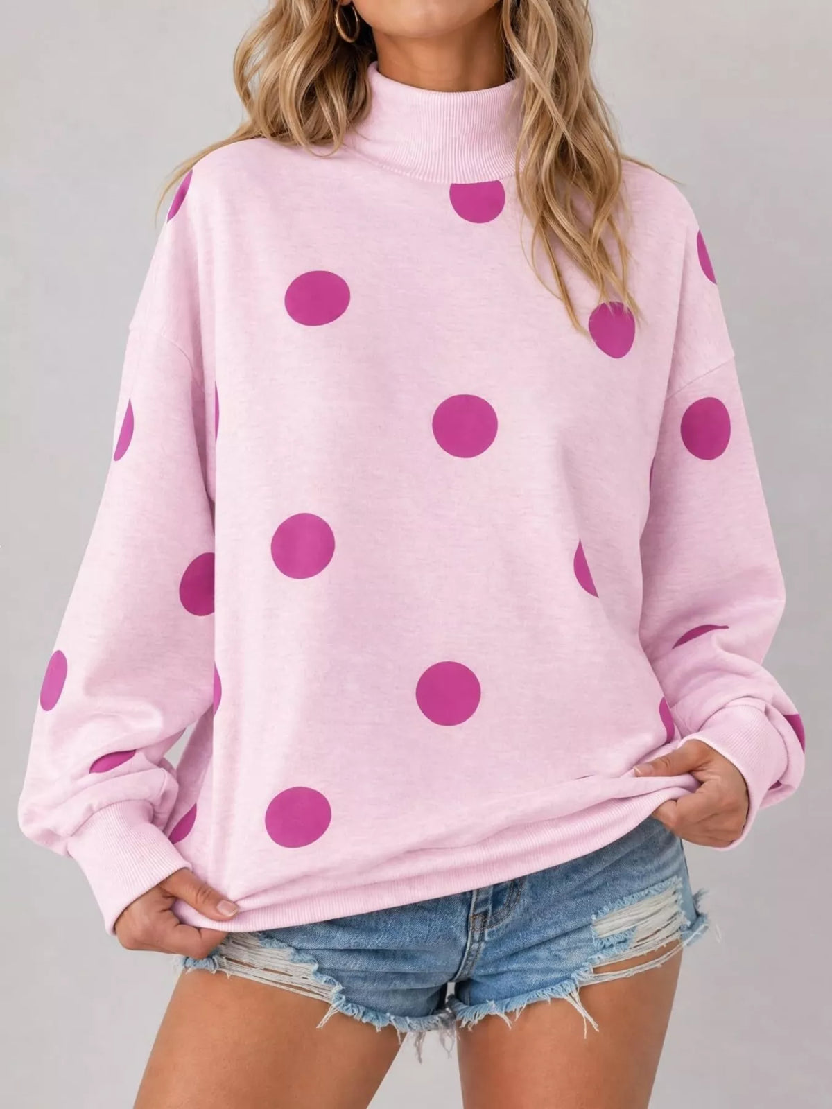 Mock Neck Polka Dot Print Oversized Sweatshirt
