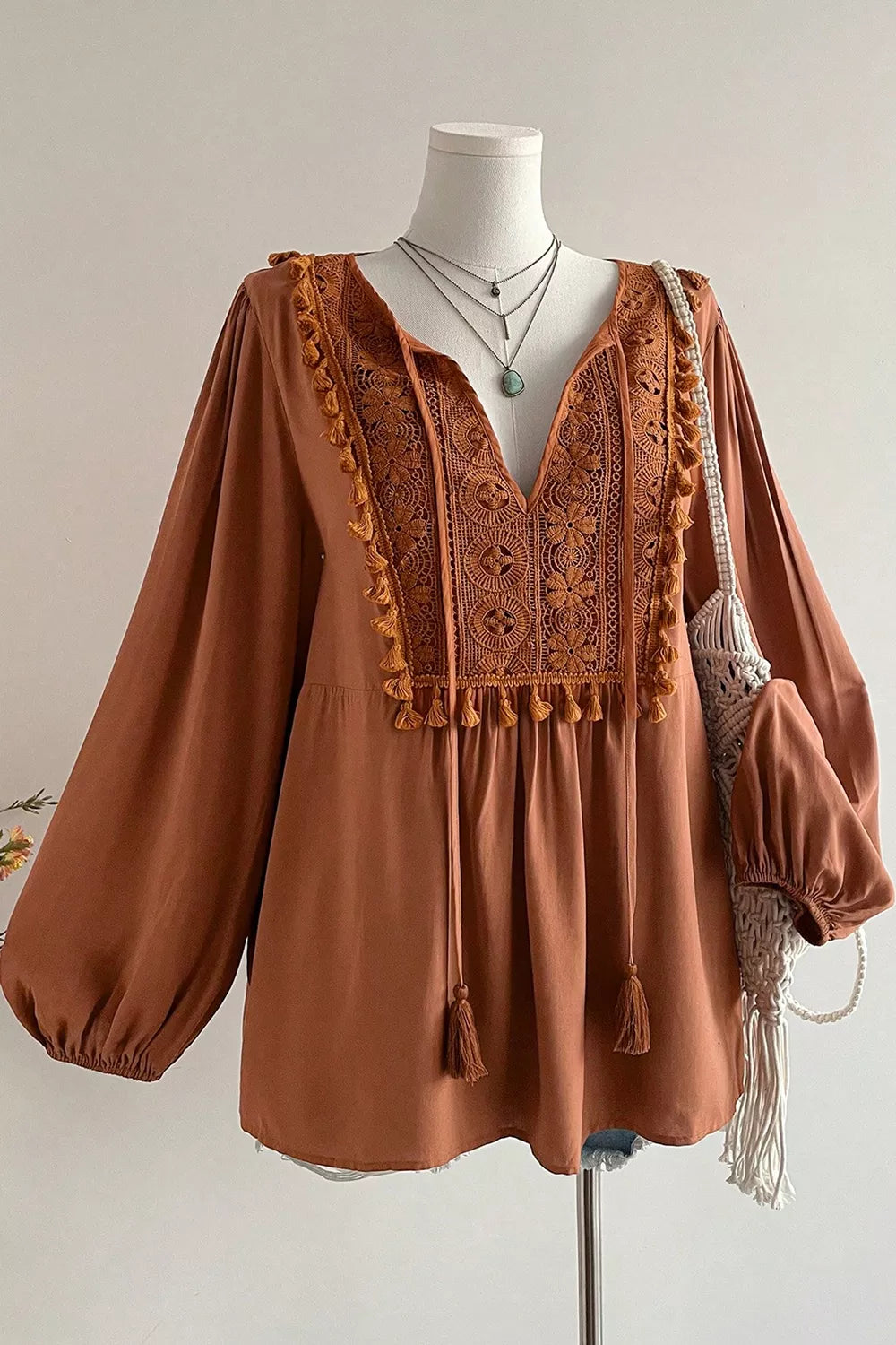 Plus Size V Neck Embroidered Tassel Long Sleeve Blouse