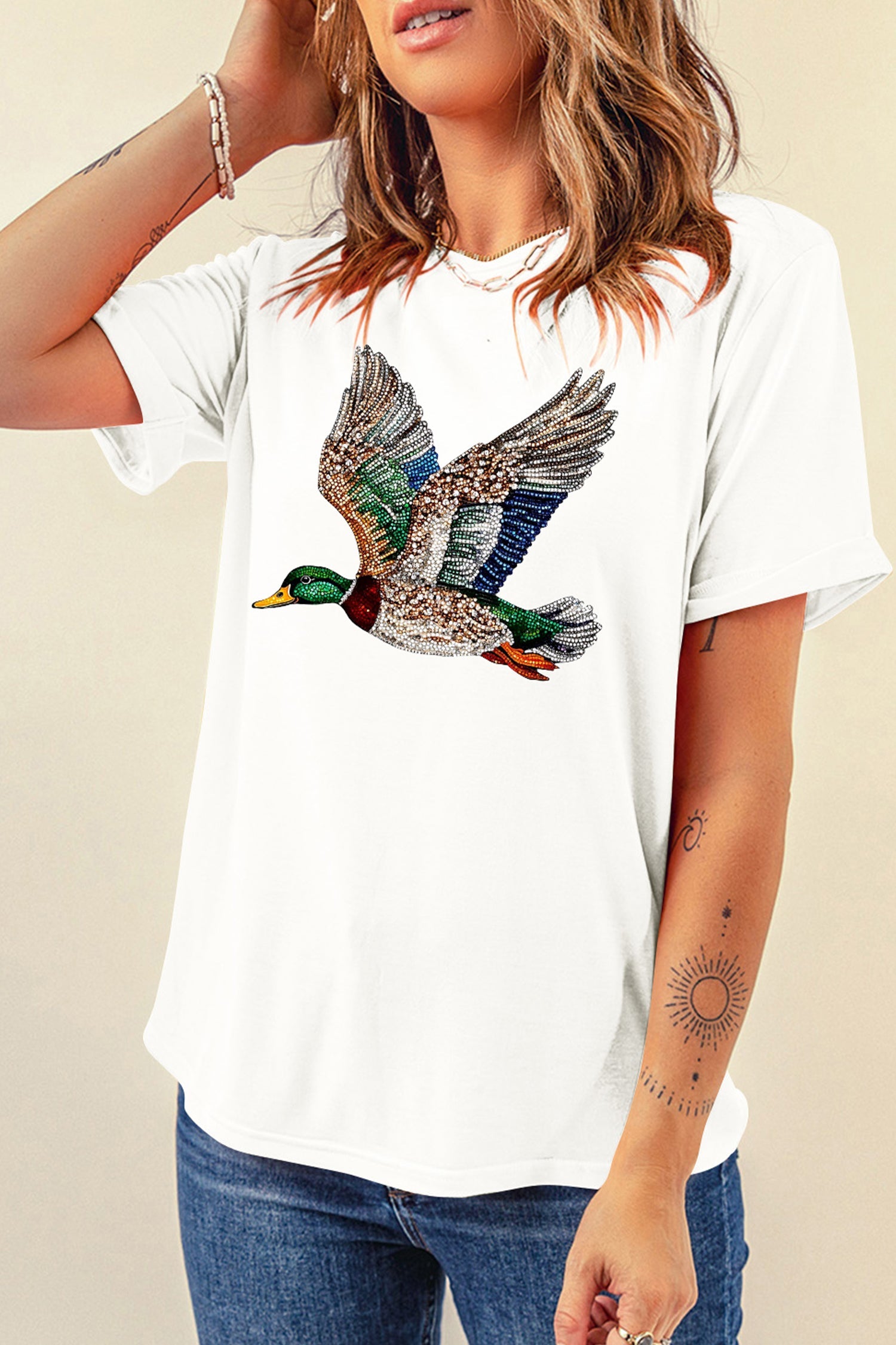 White Flying Mallard Print Crew Neck T Shirt
