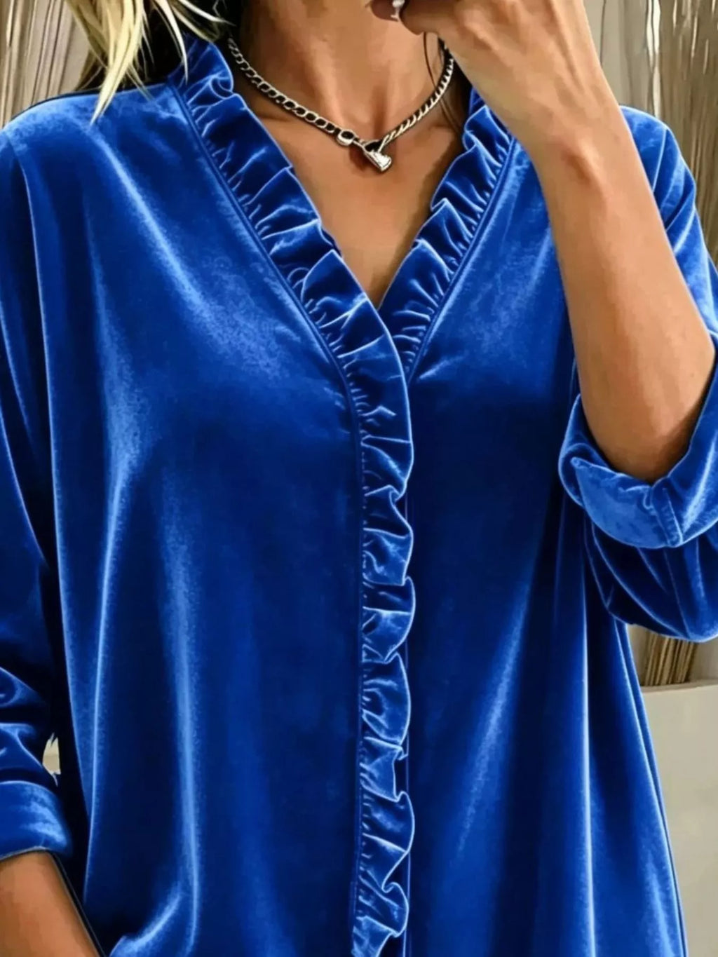 Velvet Frill V-Neck Blouse