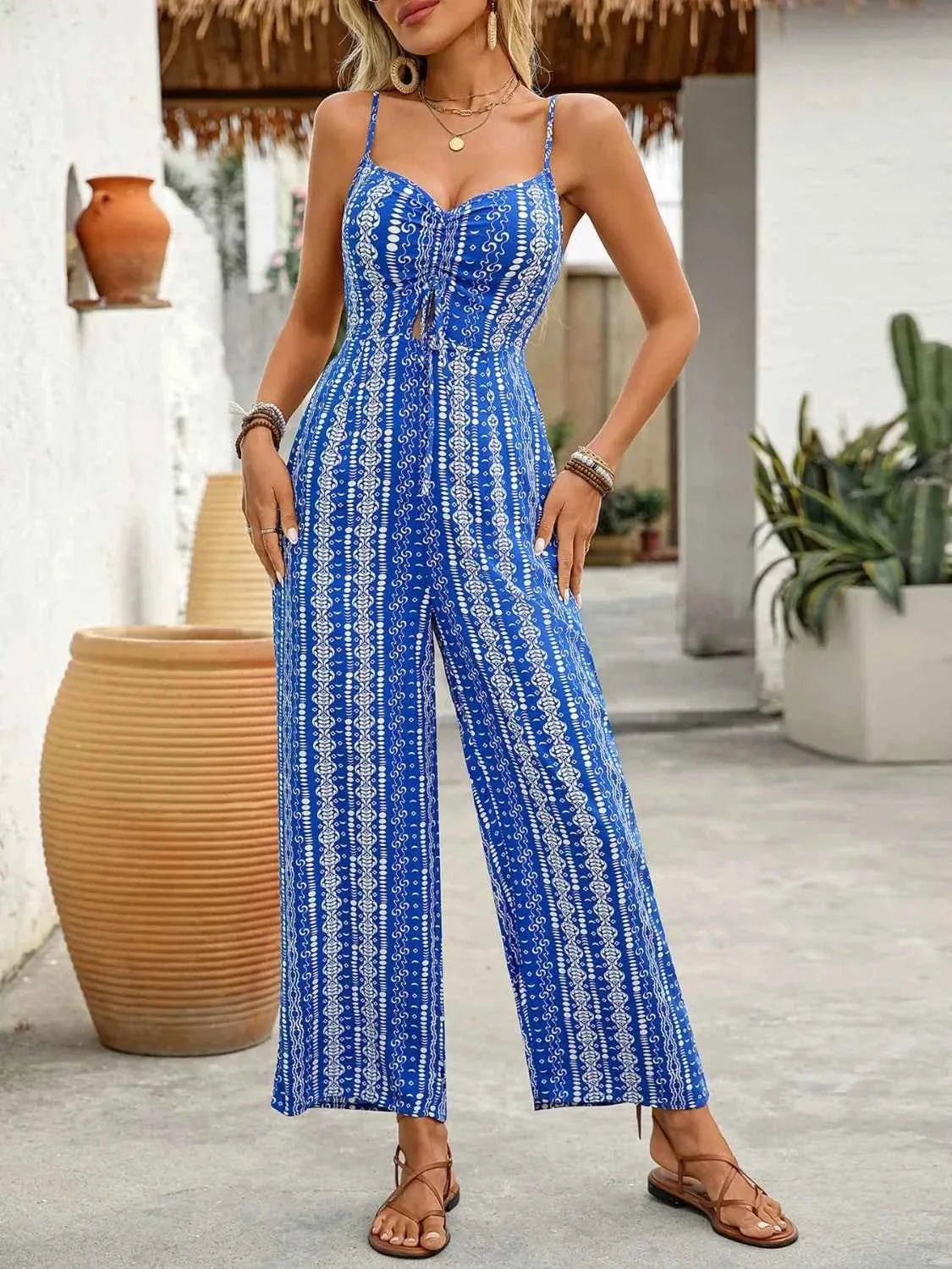 Printed Spaghetti Strap Wide Leg Jumpsuit in Viscose
